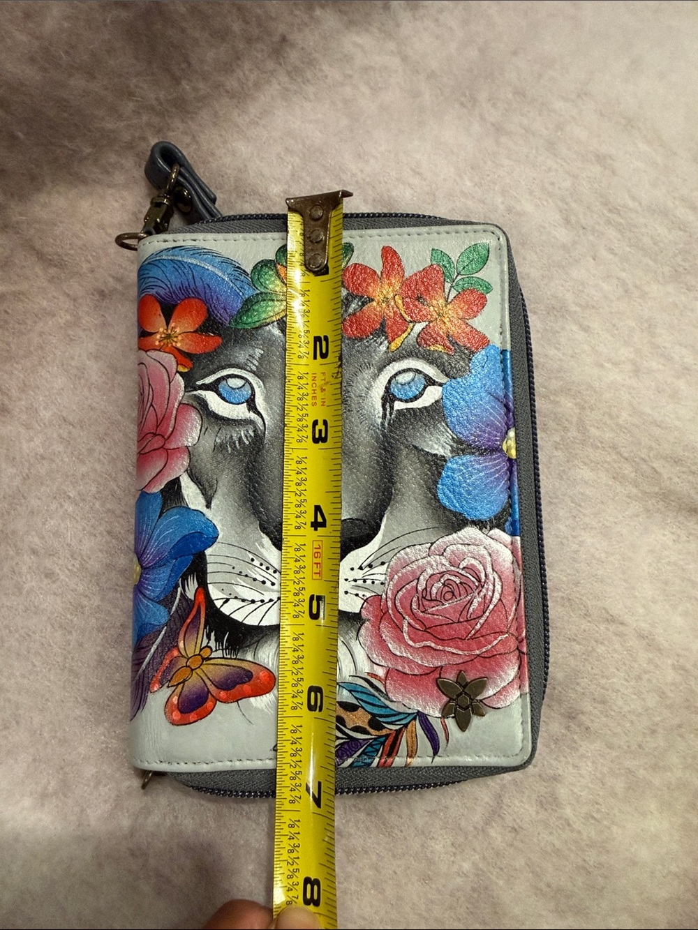 Anuschka Hand-Painted Lion Floral Wristlet in Blue, Pink, Orange, Green, Cream - Picture 6 of 7